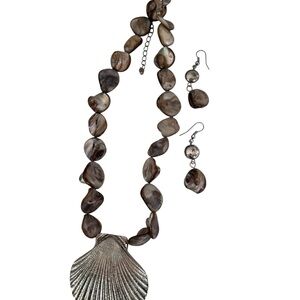Seashell Pendant Brown Bead Necklace with Matching Earrings